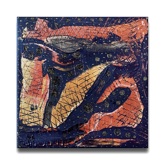 Original gerahmtes Gold abstraktes Leinwandgemälde, 20x20 cm von Maria Marachowska