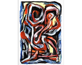 May include: Abstract painting with bold, swirling lines in red, black, white, and blue. The painting has a yellow background and is signed "Mapatericks 2014" in the bottom right corner.