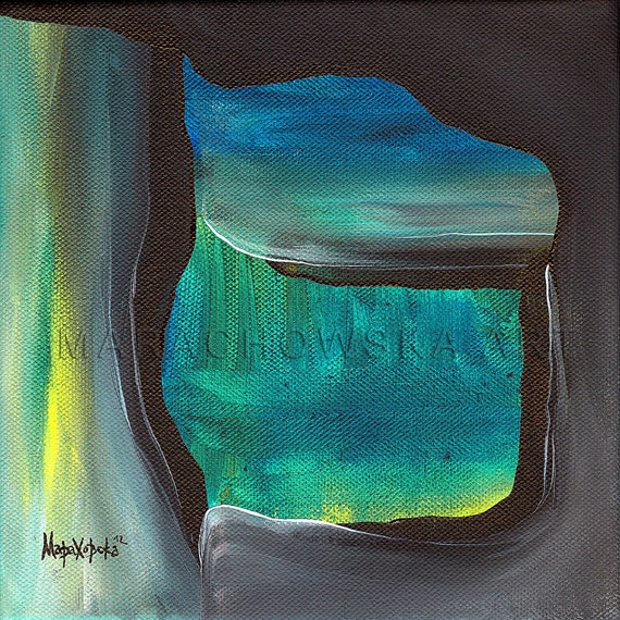 Originales abstraktes Leinwandgemälde, grün-schwarz, 20x20 cm von Maria Marachowska