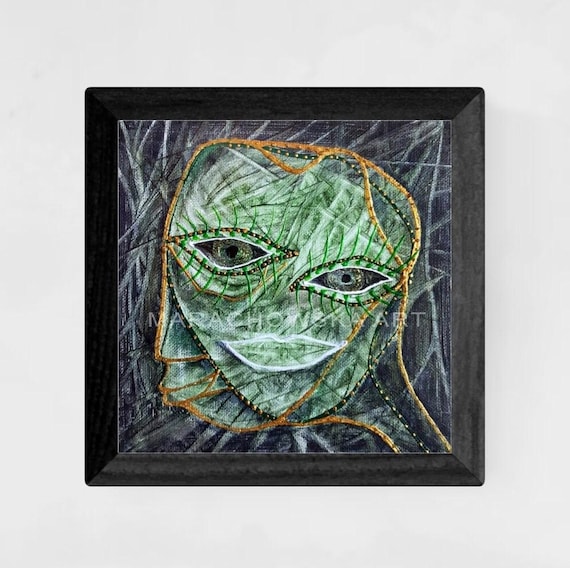 Einzigartiges Acrylgemälde "Grünes Gesicht" von Maria Marachowska – Mystisches Doppelgesicht in hochwertigem Holzrahmen