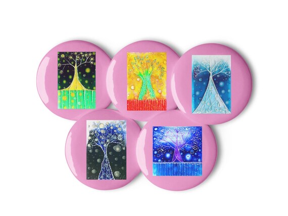 Marachowska Art Painting pin buttons pink "Trees" 5 pieces 1.25″ (3,1x3,1 cm) / 2.25″ (5,7x5,7 cm)