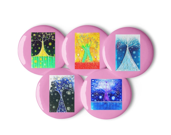 5 pieces Painting pin buttons pink "Trees" 1.25″ (3,1x3,1 cm) / 2.25″ (5,7x5,7 cm)