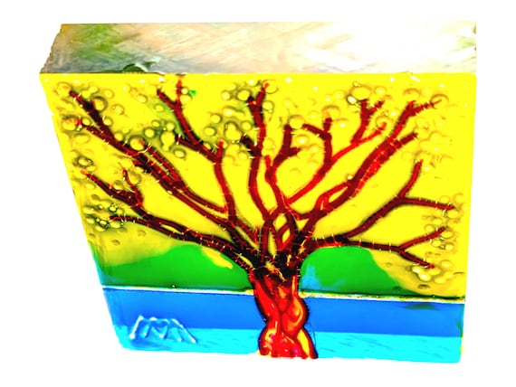 Glasgemälde Sonnenfänger Roter baum - Skulptur Baum - Original Gemälde Baum - Fenster Dekoration Baum gemalt von Maria Marachowska