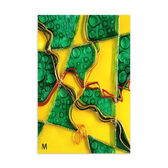 Postcard Abstract Green Yellow - Painting Reproduction - Abstract Motifs - Abstract Pictures - Organic Decoration - Glass Pictures Abstract