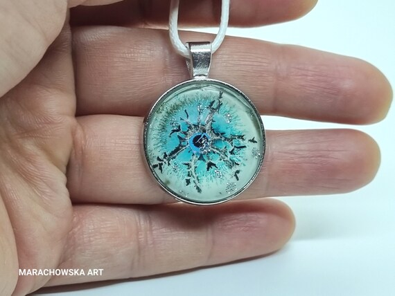 Pendant Painting Glitter Blue Star Unisex - Hand Painted Necklace - Glow In The Dark by Maria Marachowska