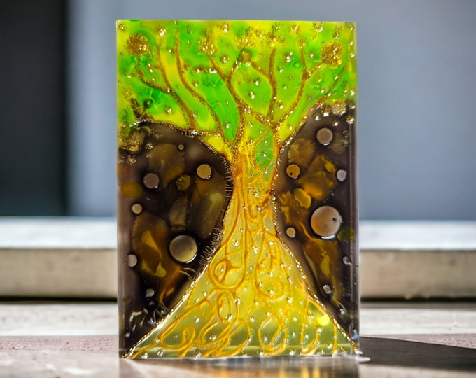 Glass Painting Magnet Sculpture "Green Tree" by Maria Marachowska