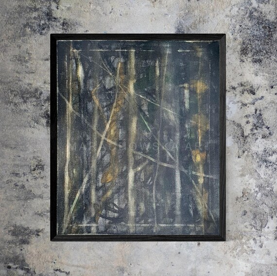 Abstrakte Linienkunst Nachtwald – Handgemaltes Acrylbild auf Leinwand mit stilvollem Holzrahmen – Einzigartig von Maria Marachowska (2018)