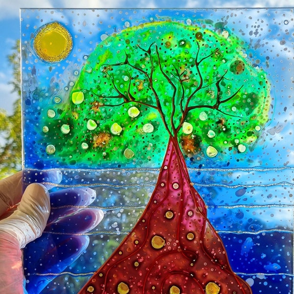 Glass painting suncatcher ocean tree - window picture tree + transparent easel holder + window suction buttons by Maria Marachowska