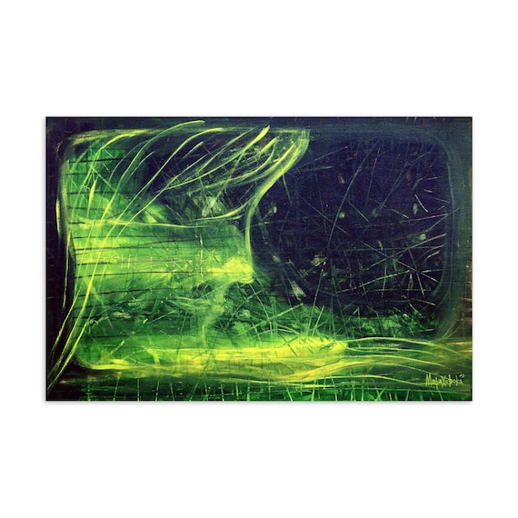 Surrealistische Postkarte von Maria Marachowska, Traumwandler-Motiv in Grün