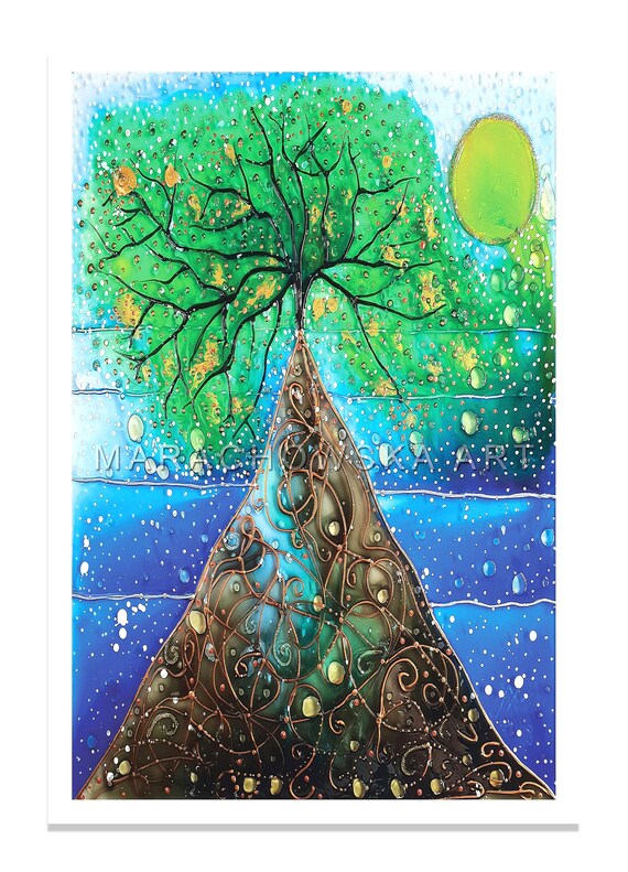 Seelandschaft Baum Postkarte, hochwertiger Druck, Märchenhafte Farben