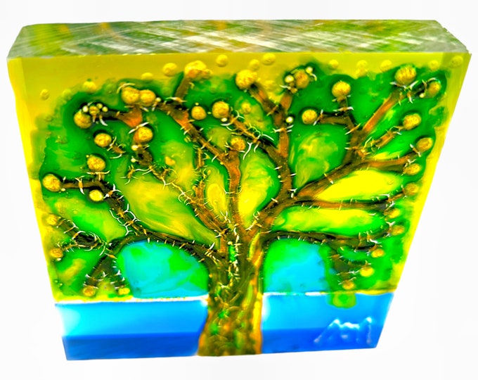 Glass Painting Sucatcher Sculpture Green Tree by Maria Marachowska