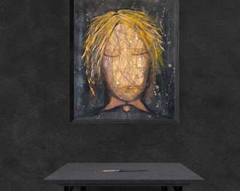 May include: A framed painting of a person's face with a gold and black abstract design. The painting is hanging on a black wall with a small table in front of it.