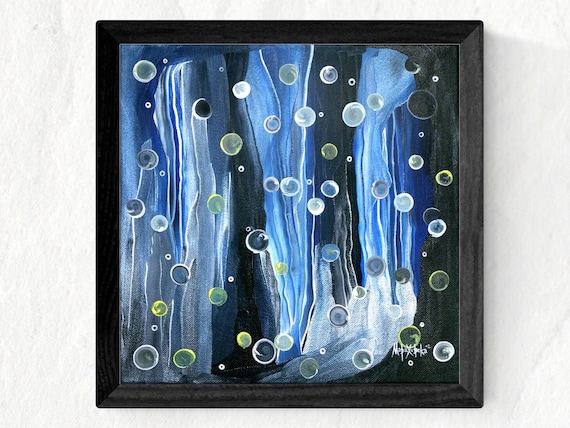 Einzigartiges abstraktes Gemälde, Blau, mit Holzrahmen 32x32 cm