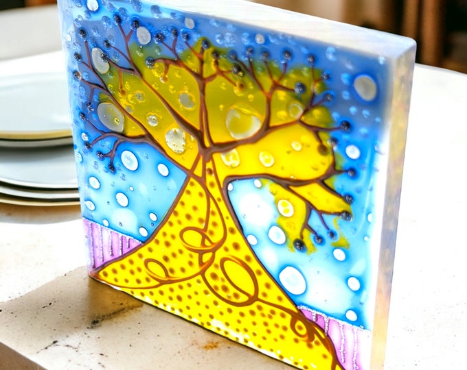 Glass Painting Suncatcher Gold Baobab Tree by Maria Marachowska