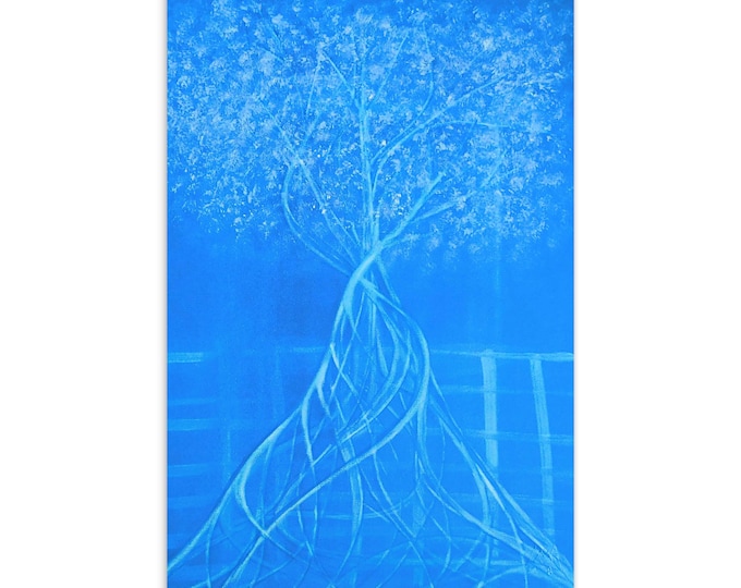 Art postcard ocean tree - painting print - art reproduction - panoramic motifs - tree gift - nature impression - blue tones