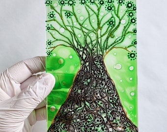 Original Glass Painting Magnet "Gold Tree" by Maria Marachowska