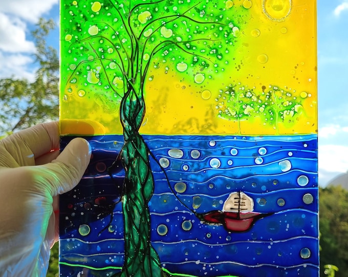 Original Glass Painting Suncatcher "Sea Tree"by Maria Marachowska
