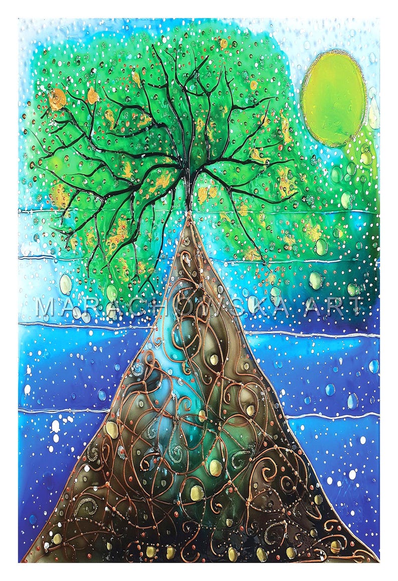 Diese Postkarte ist ein hochwertiger Druck des Original-Gemäldes "Seelandschaft Baum" von Maria Marachowska.