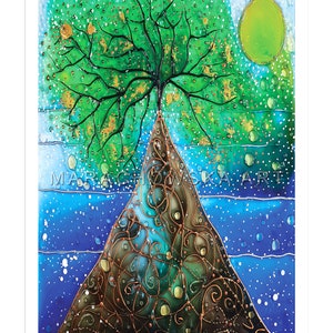 Bella cartolina con albero e paesaggio marino