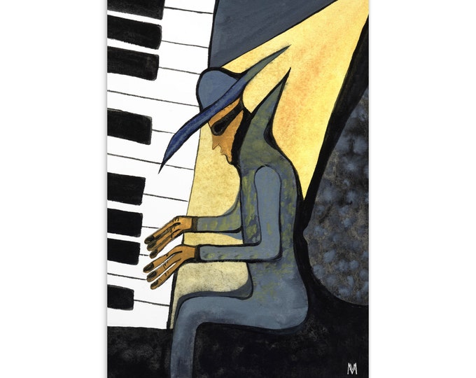 Music Postcard Pianist - Original Painting Postcard - Postcards Music Motifs - Postcard Piano - Piano Postcards - Music Reproduction