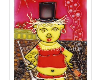 May include: A whimsical artwork featuring a yellow pig character wearing a top hat, red top, and shorts. The pig has blonde hair, earrings, and a tattoo. The background is a vibrant red with a sun and text that reads "MARACHOWSKA ART".