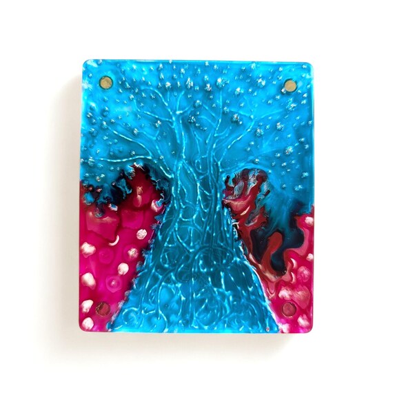 Handgemaltes Glasgemälde, Sonnenfänger mit Baum-Motiv in Türkis