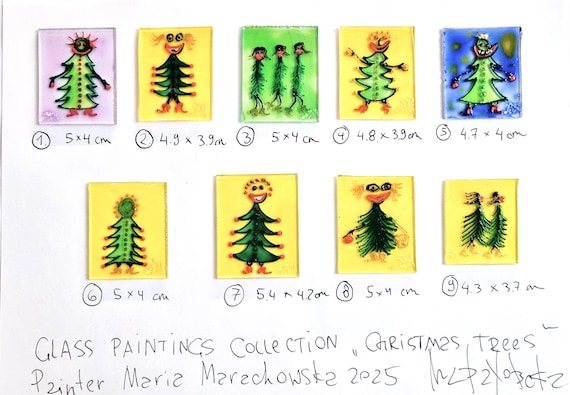 Originale kleine Glasbilder "Weihnachtsbäume", handgemalt von Maria Marachowska