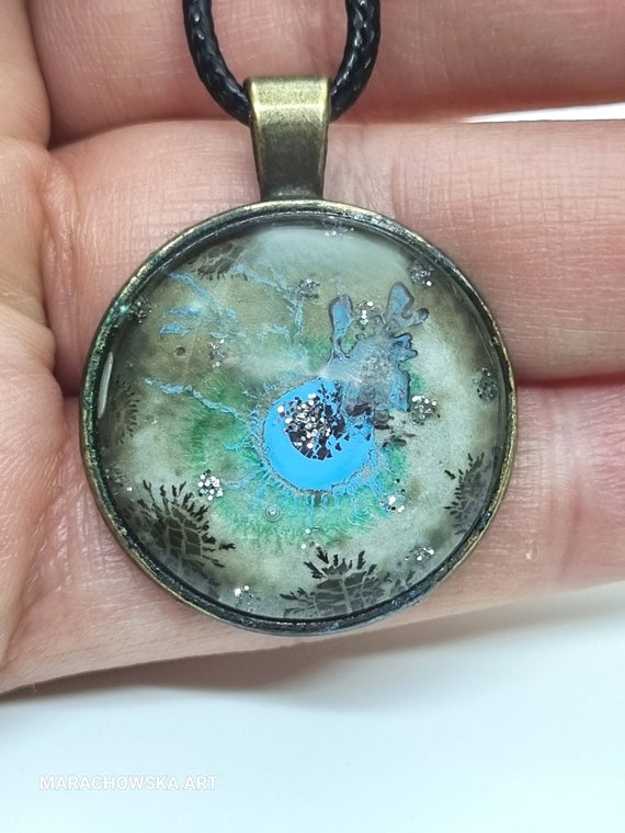 Painting Pendant Glitter Silver Blue Star Unisex by Maria Marachowska