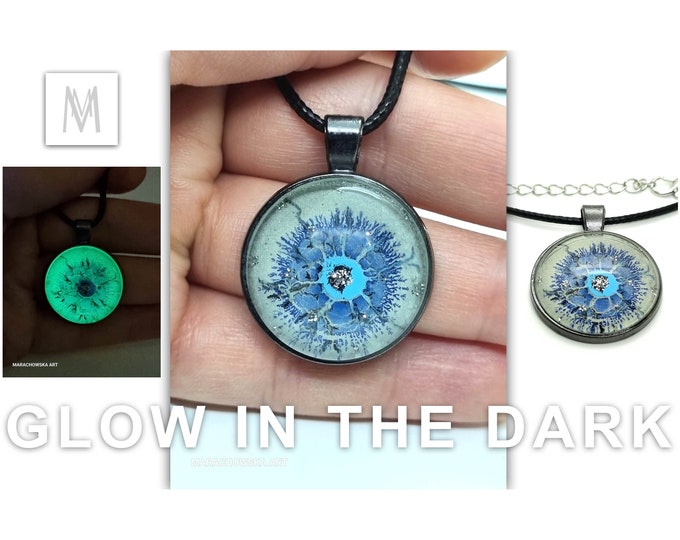 Painting Pendant Silver Glitter Blue Star Unisex - Hand Painted Necklace - Glows In The Dark by Maria Marachowska