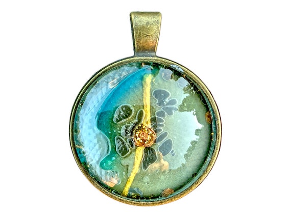 Painting Pendant Green Clock glow in the dark by Maria Marachowska