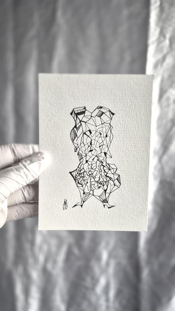 Gerahmte surrealistische Originalzeichnung "Vogel", 14,8 x 10,5 cm, von Maria Marachowska