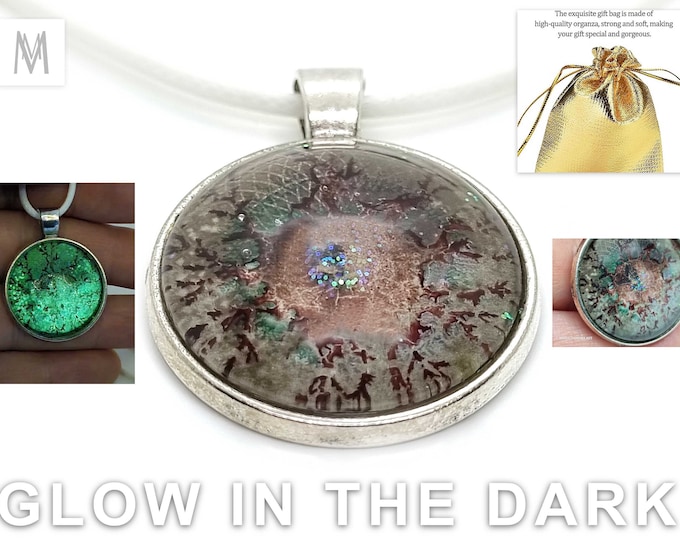 Pendant Painting Brown Green Glitter Star Unisex - Hand Painted Necklace - Glows In The Dark by Maria Marachowska