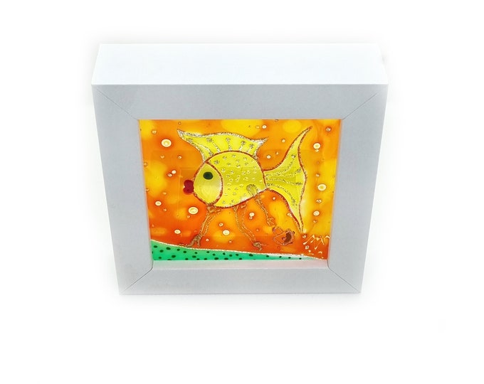 Glass Painting Orange Fish, Framed Glass Painting, Fish Suncatcher, Window Fish Art, Maria Marachowska