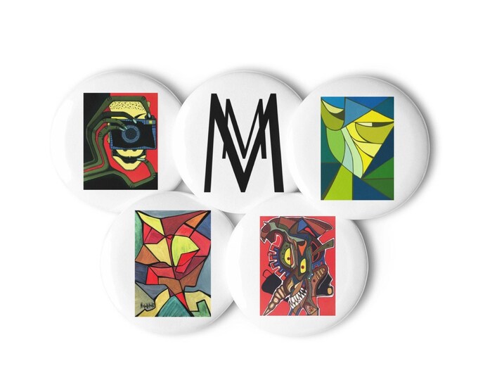 5 pieces Paintings Set pin buttons "Cyclops", "Cat", "Devil", "Wicked Pinocchio" 1.25″ (3,1x3,1 cm) / 2.25″ (5,7x5,7 cm)