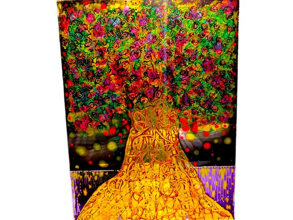 Glasgemälde Sonnenfänger Gold Baum - Fensterbild Baum - Transparenter Staffeleihalter - Fenstersaugknöpfe von Maria Marachowska