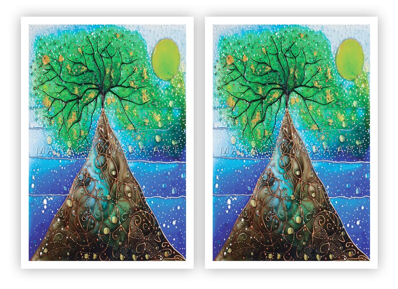 Diese Postkarte ist ein hochwertiger Druck des Original-Gemäldes "Seelandschaft Baum" von Maria Marachowska.
