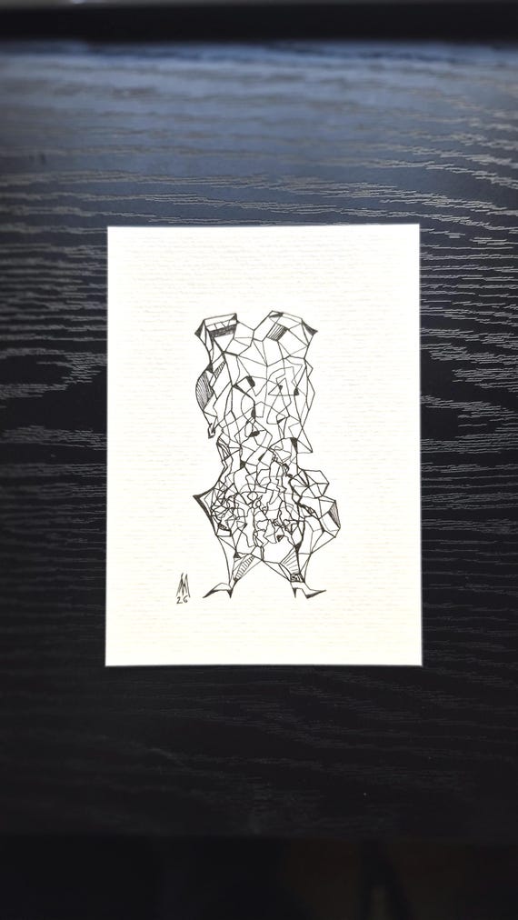 Gerahmte surrealistische Originalzeichnung "Vogel", 14,8 x 10,5 cm, von Maria Marachowska