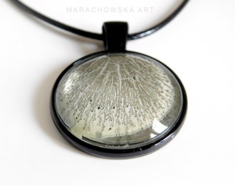 Glass painting pendant black and white glows in the dark - unique glass jewelry painted by Maria Marachowska