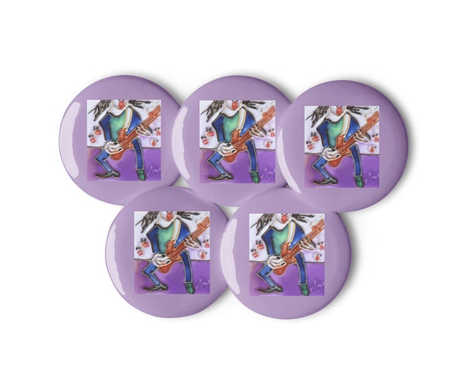 5 pieces Art Set of pin buttons "Bass Player" 1.25″ (3,1x3,1 cm) / 2.25″ (5,7x5,7 cm)
