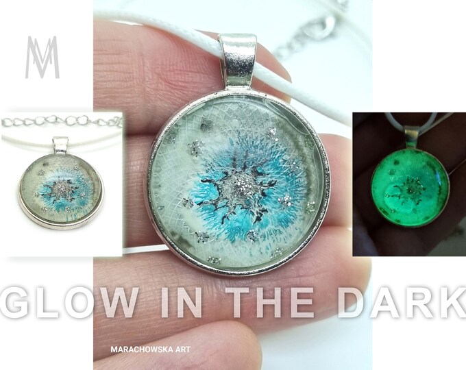 Painting Pendant Glitter Blue Star Unisex - Hand Painted Necklace - Glow In The Dark by Maria Marachowska