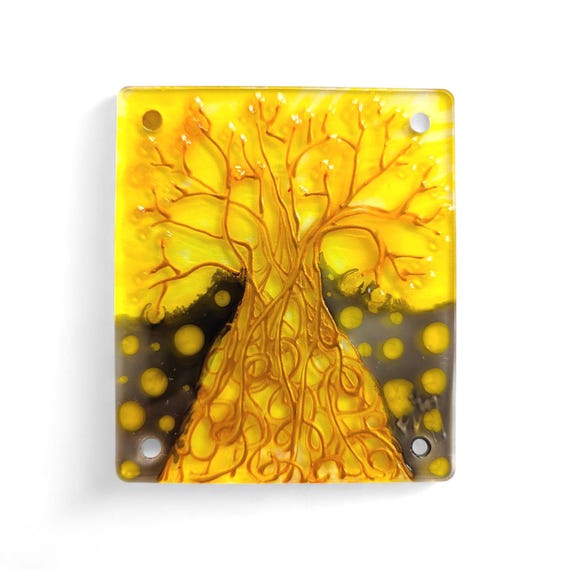 Glasgemälde Sonnenfänger, Kühlschrank Magnet, goldener Baum von Maria Marachowska