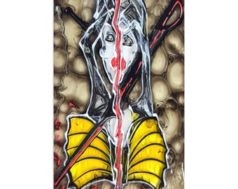 May include: Abstract painting of a woman's face with a red line down the center. The woman's face is surrounded by yellow and black lines. The background is a brown and white marbled pattern.