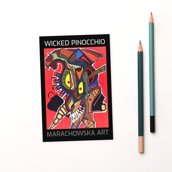 "Düstere Kunst: Böser Pinocchio Postkarte – Einzigartige Horrorreproduktion für Postkartenliebhaber"