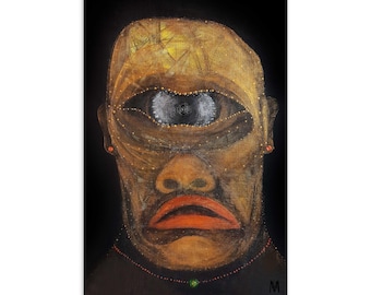 May include: A painting of a person with a single large eye in the center of their forehead. The eye is surrounded by a ring of gold dots. The person has a dark brown complexion and is wearing a red beaded necklace with a green stone pendant.