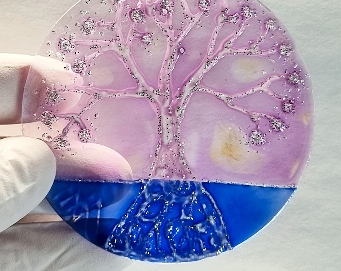 Circular Glass Painting Tree - Suncatcher Purple Tree + Decoration Tree of Life - Painted Window Decoration - Trees Window Decoration