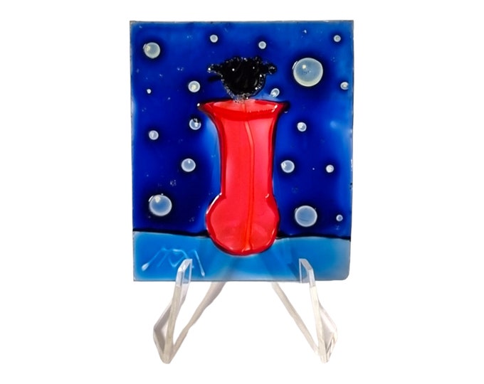 Original Glass Painting Black Flower + Transparent Acrylic Easel Holder by Maria Marachowska