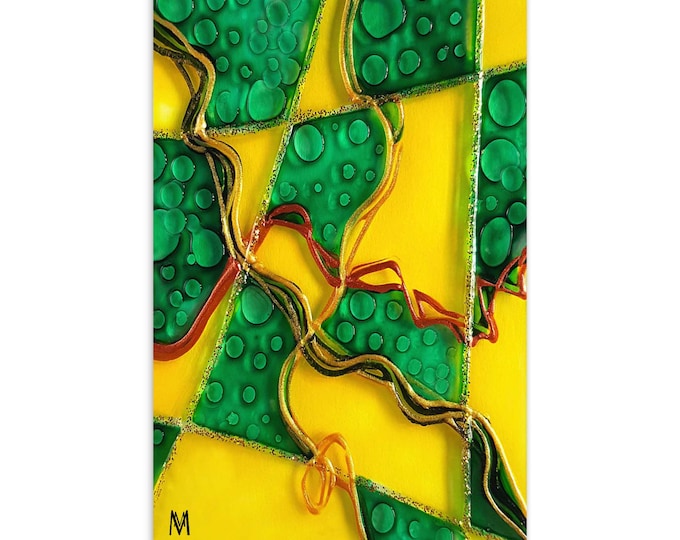 Postcard Abstract Green Yellow - Painting Reproduction - Abstract Motifs - Abstract Pictures - Organic Decoration - Glass Pictures Abstract