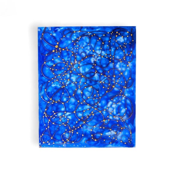 Abstraktes Glasgemälde Sonnenfänger in Blau, handgefertigt von Maria Marachowska