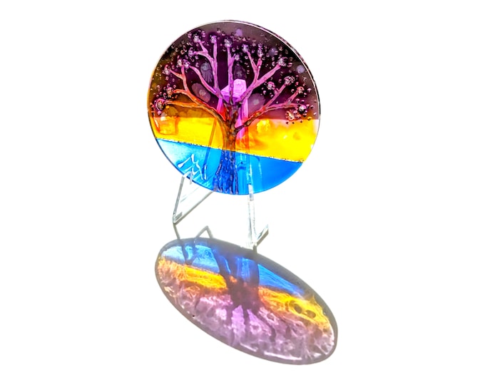 Circular Glass Painting Tree - Suncatcher Purple Tree + Decoration Tree of Life - Painted Window Decoration - Trees Window Decoration