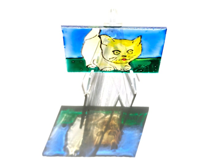 Glass painting small cat - window sun catcher - window decoration cats - window picture animals - window hanger blue yellow - gift painting